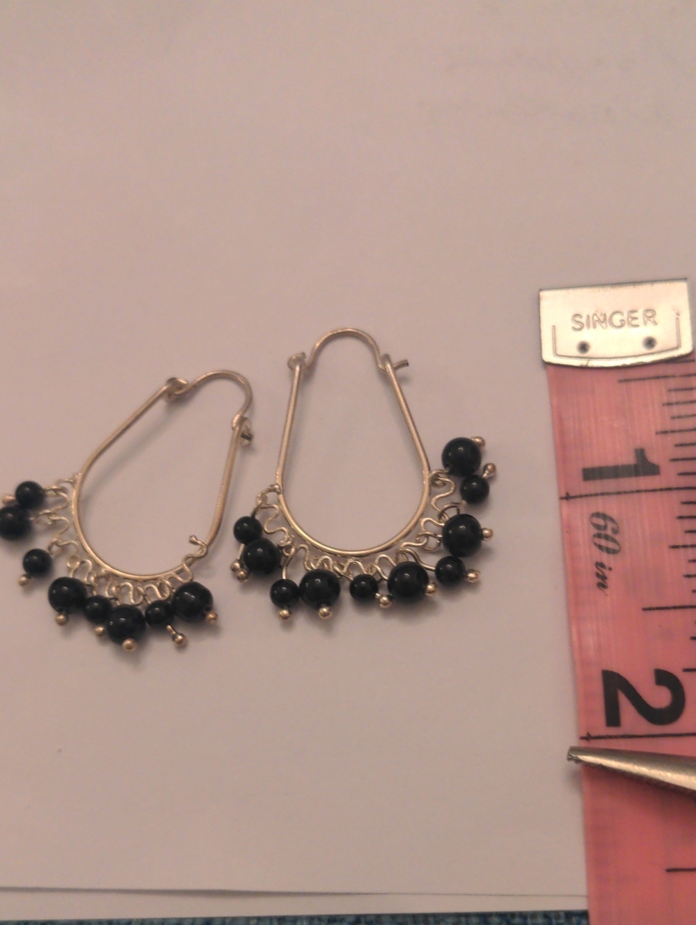 New Sterling Silver Hoop Earrings, Black Onyx  Bead Fringe, Drop, Dangle  1 1/4" - Picture 4 of 6